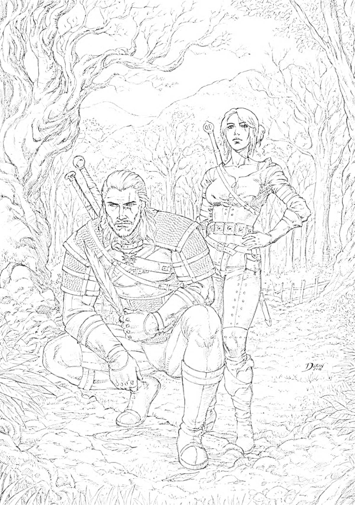 Раскраска Ведьмак и девушка в лесу с мечами