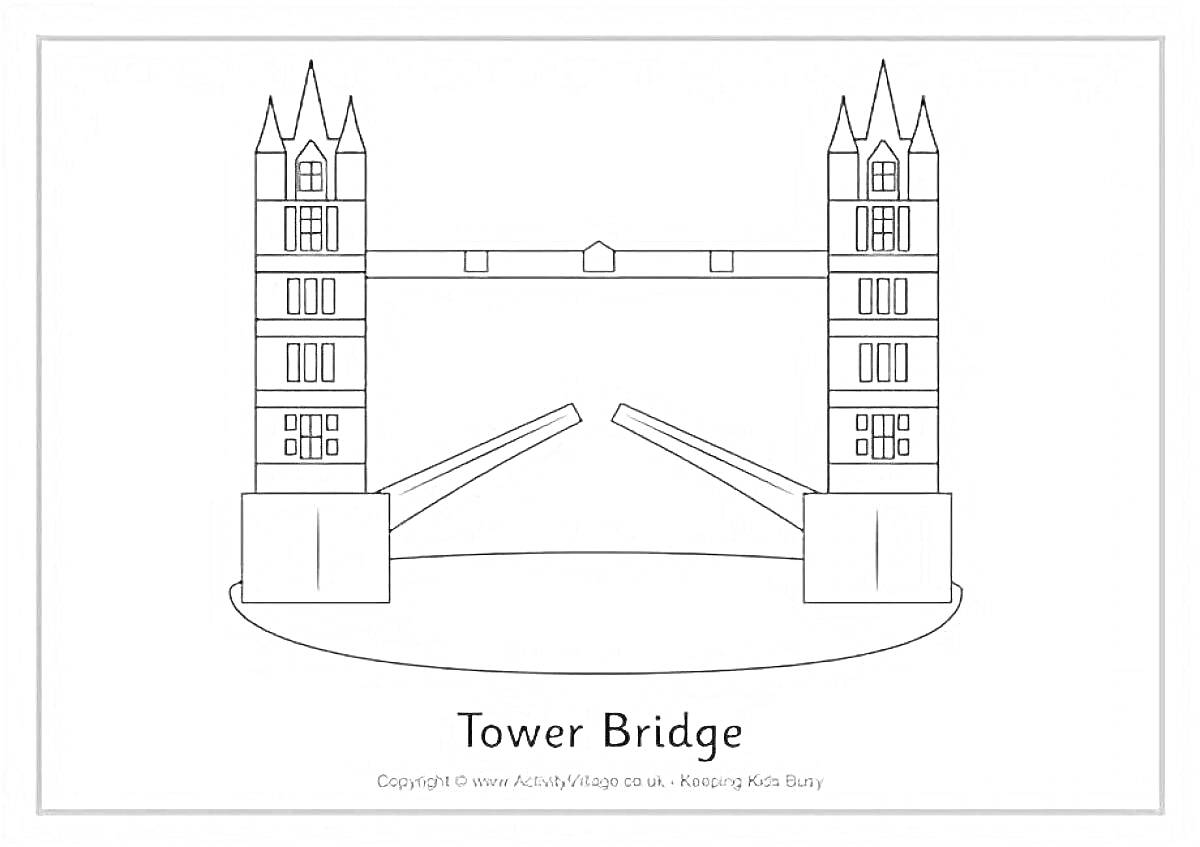 Раскраска Тауэрский мост с двумя башнями, разводной частью и рекой