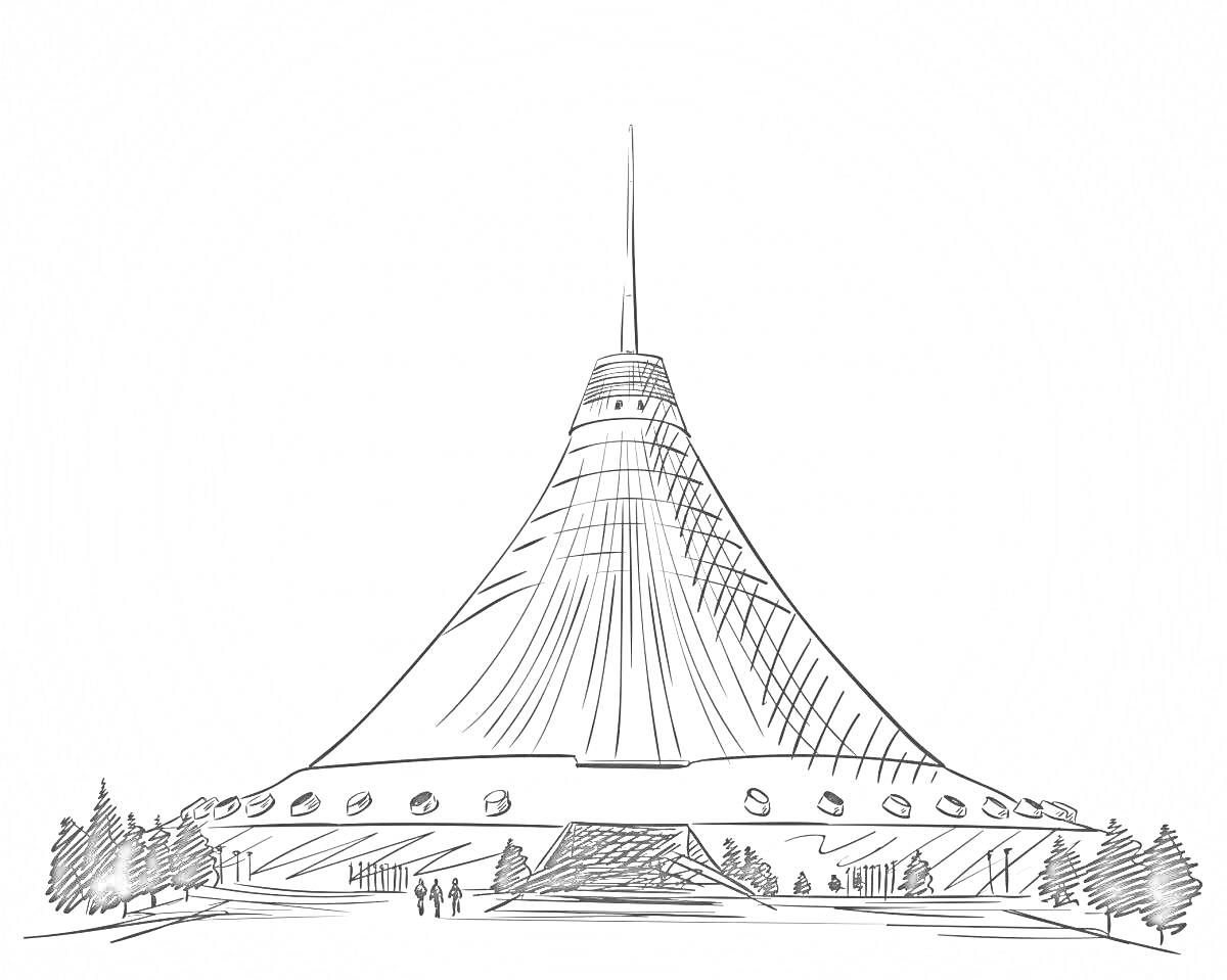 На раскраске изображено: Архитектура, Здание, Деревья, Казахстан