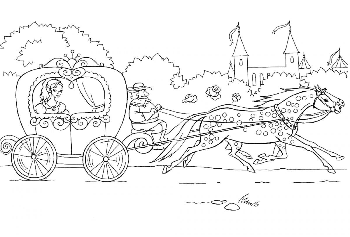 Раскраска Принцесса в карете, запряжённой лошадьми, управляемыми кучером, замок на заднем плане, лес, летающие птицы
