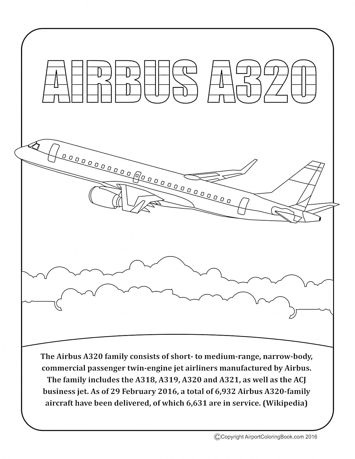 Раскраска Аэробус A320 в полете над ландшафтом, текст на заднем плане