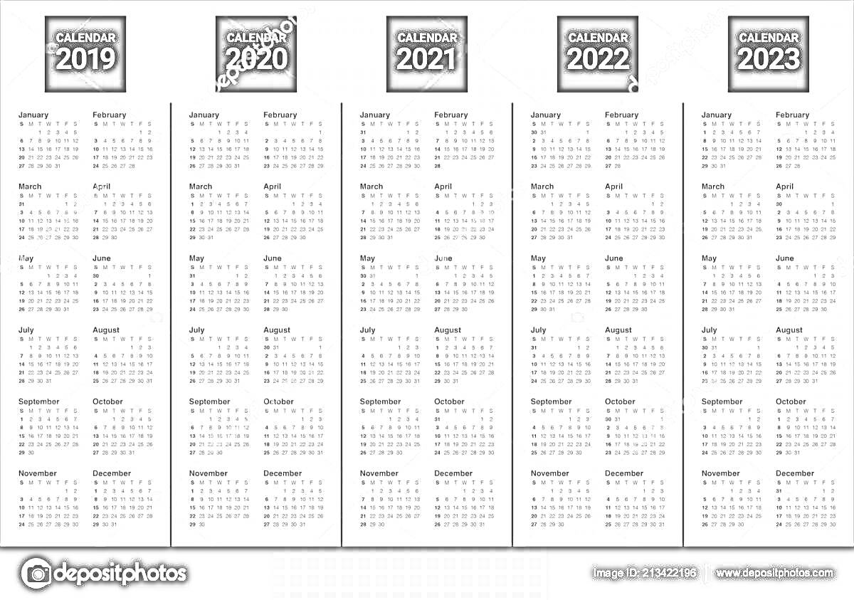 Раскраска Календарь 2019, 2020, 2021, 2022 и 2023 годов в черно-белом исполнении с месяцами.