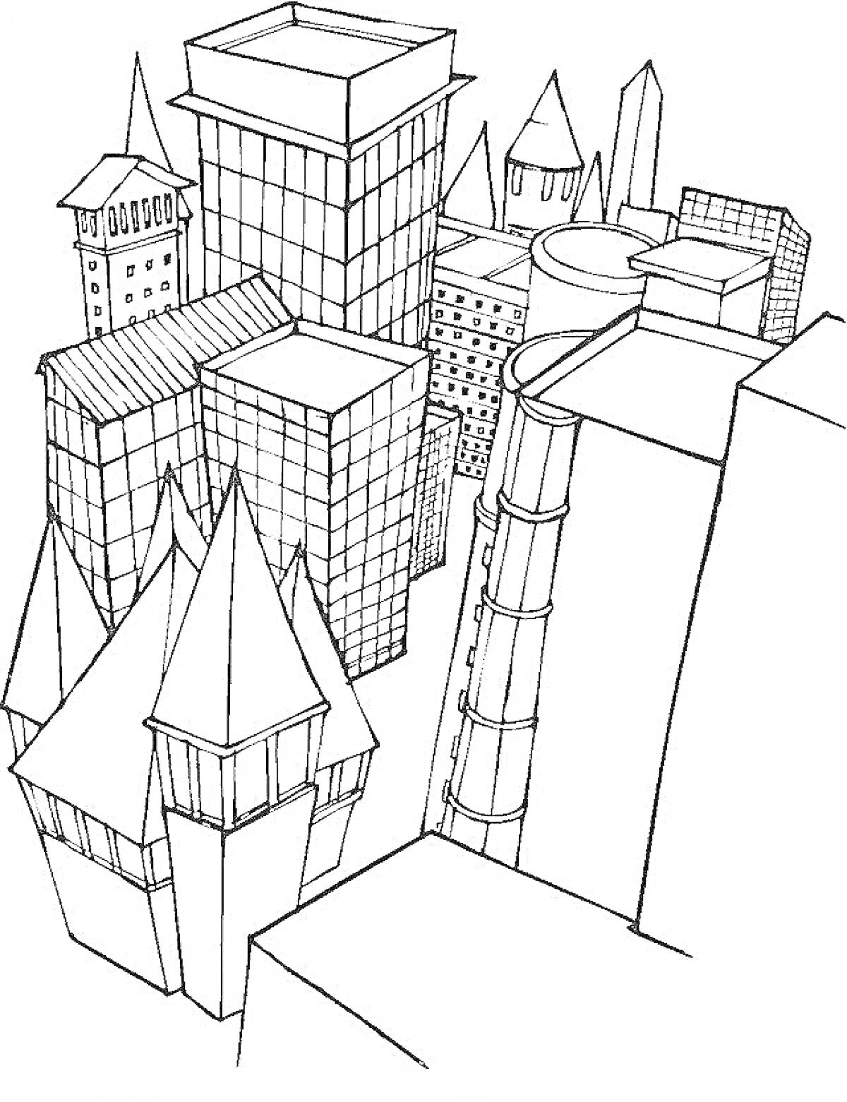 На раскраске изображено: Архитектура, Небоскребы, Башни, Здания, Современность, Черчение, Искусство