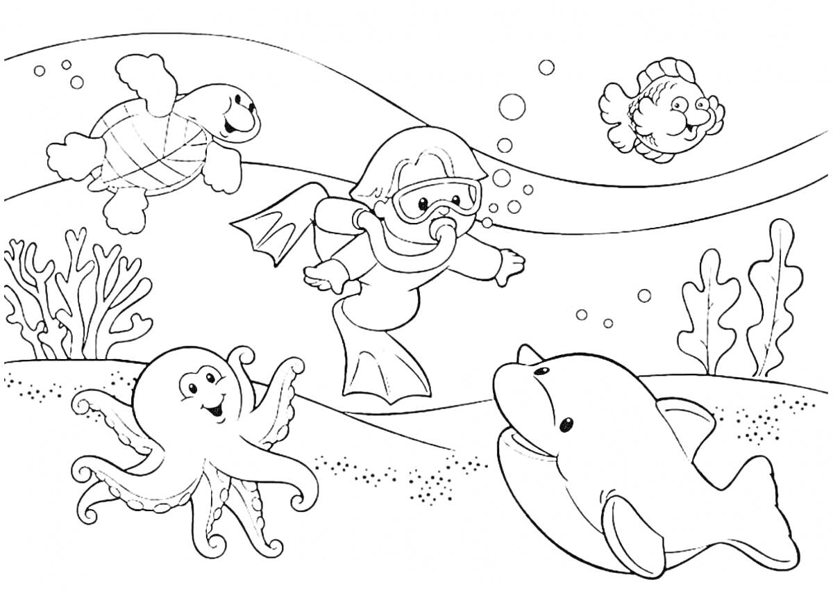 На раскраске изображено: Водолаз, Черепаха, Кораллы, Подводный мир