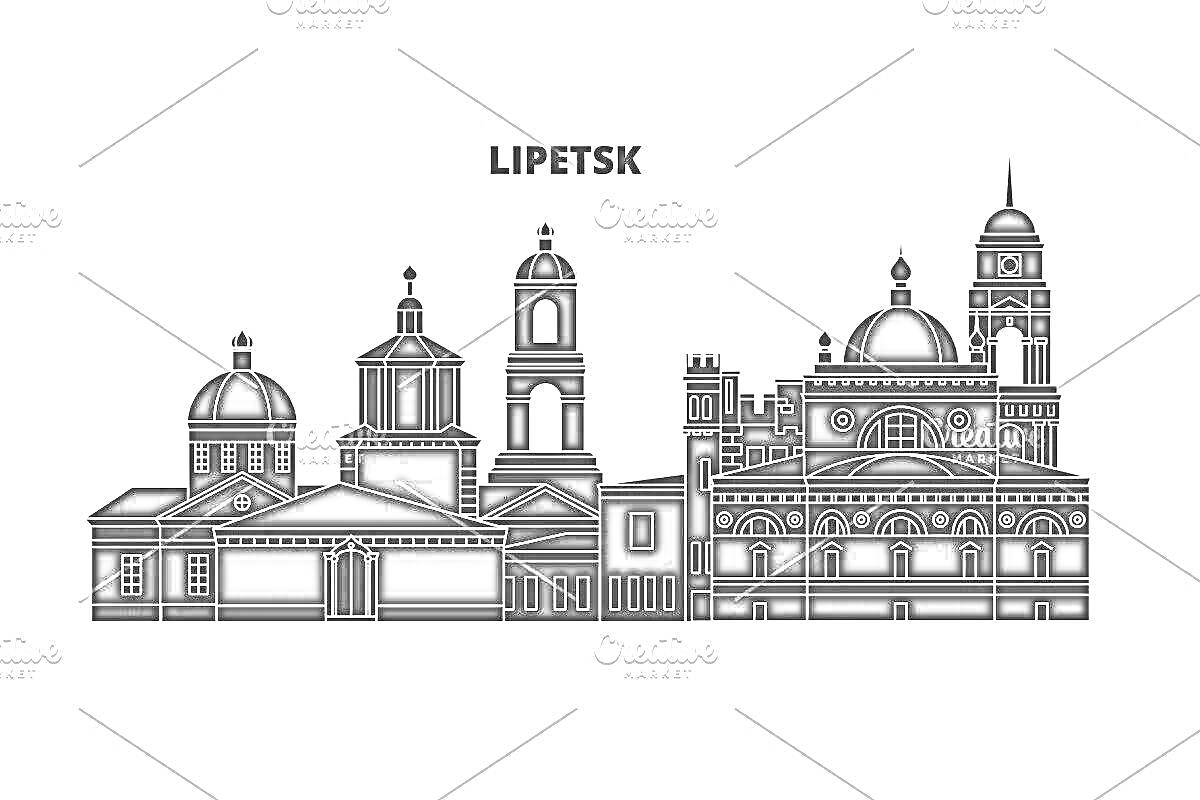 Раскраска Силуэт достопримечательностей Липецка с различными архитектурными элементами, включая купольные здания и колокольни