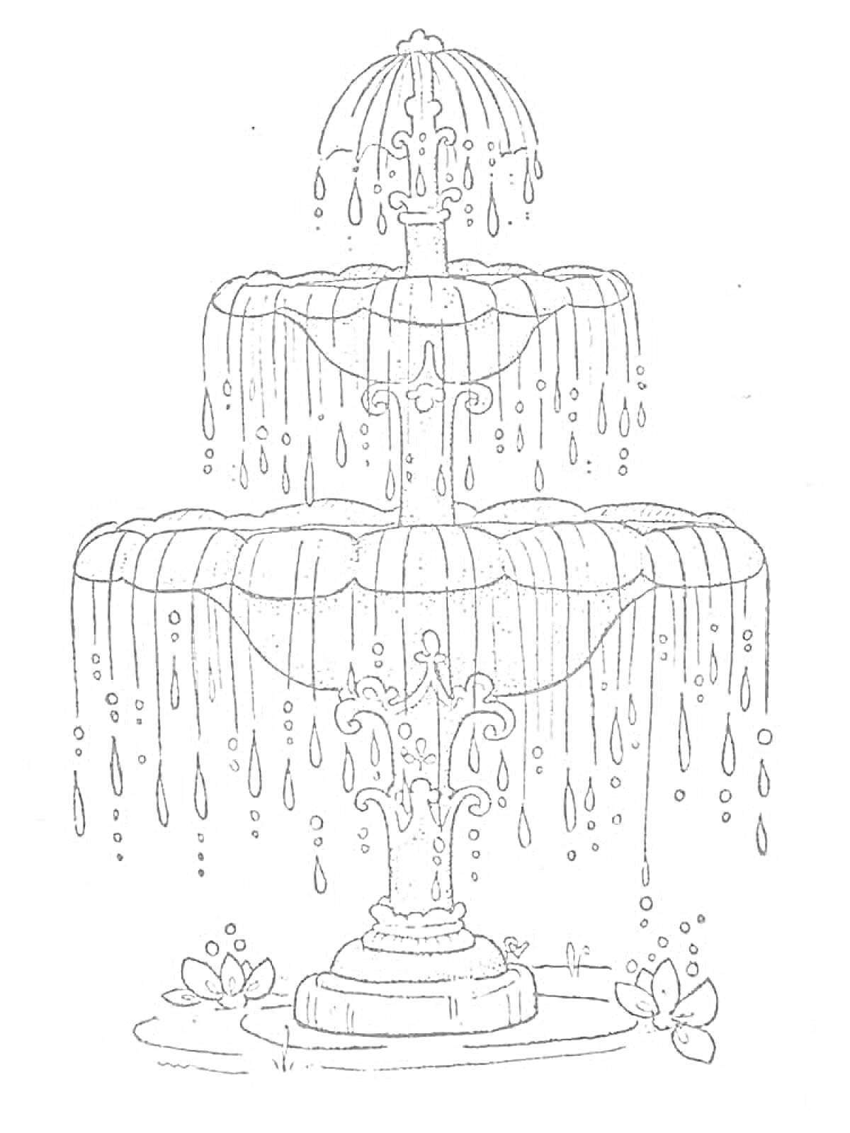 Раскраска Трехъярусный фонтан с водными потоками и двумя кувшинками