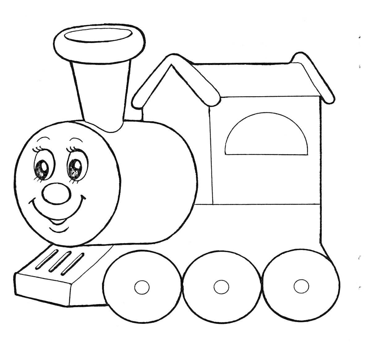 Раскраска Улыбающийся паровозик с трубой, вагоном и окном