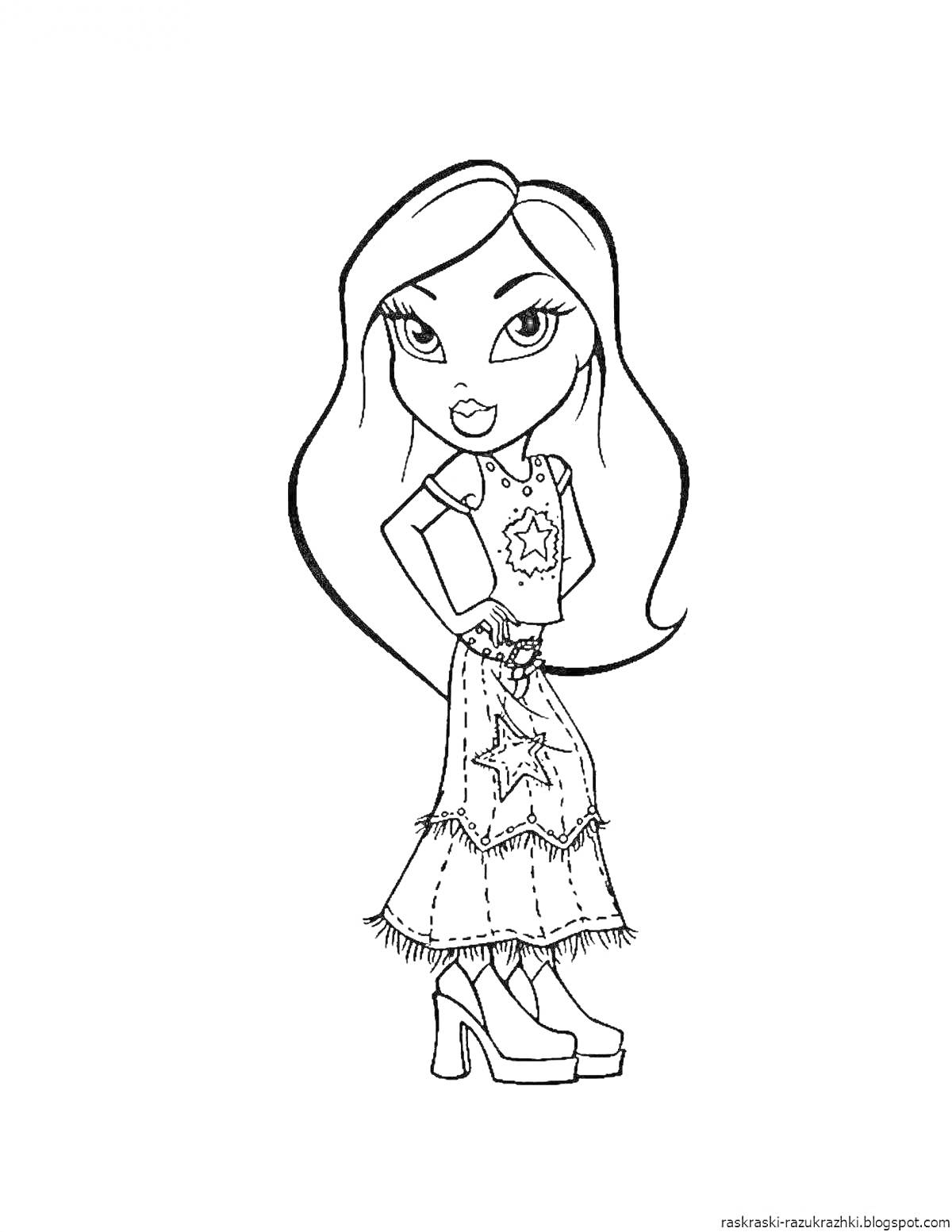 Раскраска Девочка с длинными волосами в футболке со звездой и юбке с украшением-звездой на высоких каблуках