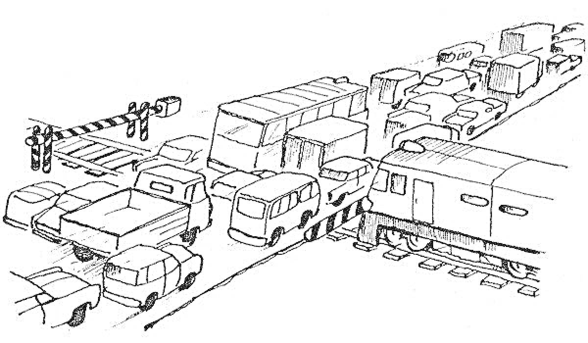 На раскраске изображено: Железнодорожный переезд, Поезд, Автобус, Пробка, Движение, Шлагбаум