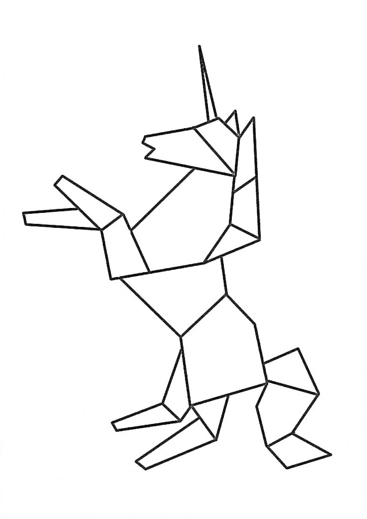 Раскраска Оригами-единорог стоящий на задних ногах