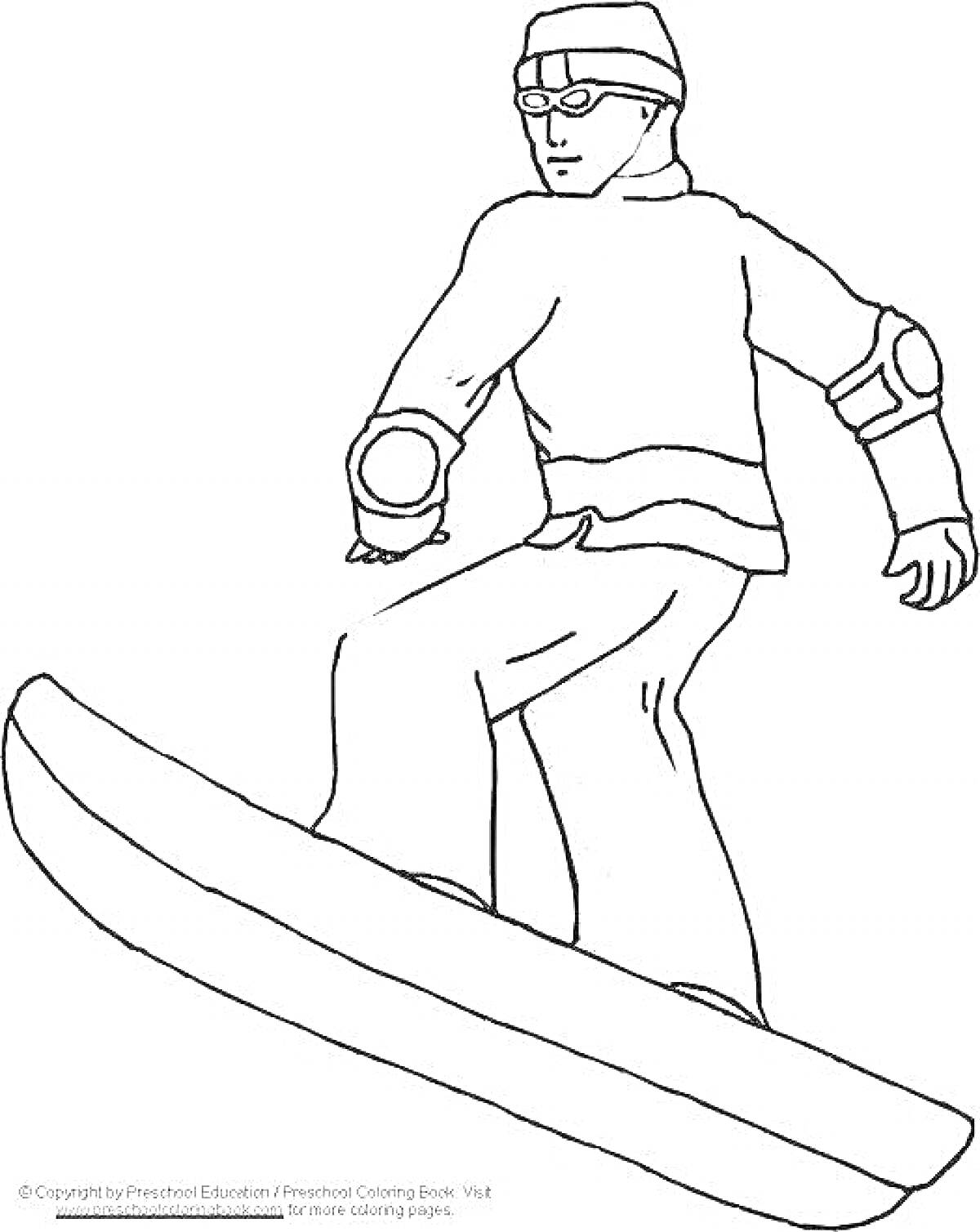 Раскраска Сноубордист в зимней одежде с защитными элементами