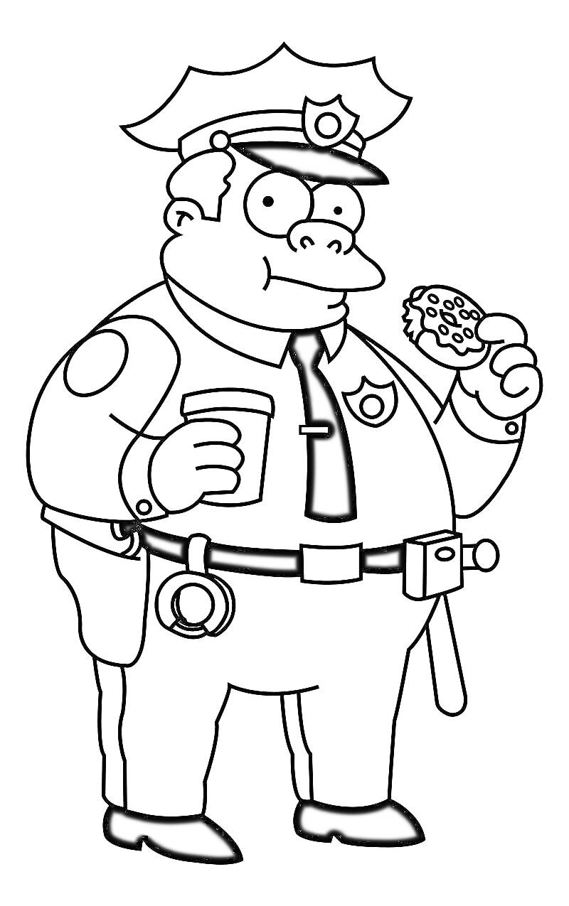 Полицейский с пончиком и кофе