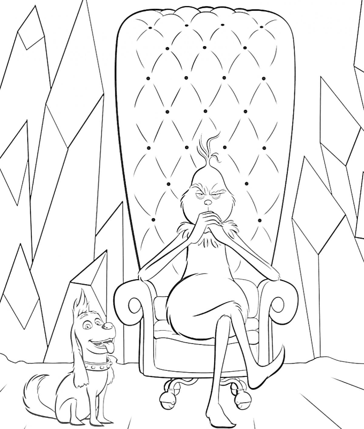 Раскраска Гринч на троне с собакой в замке