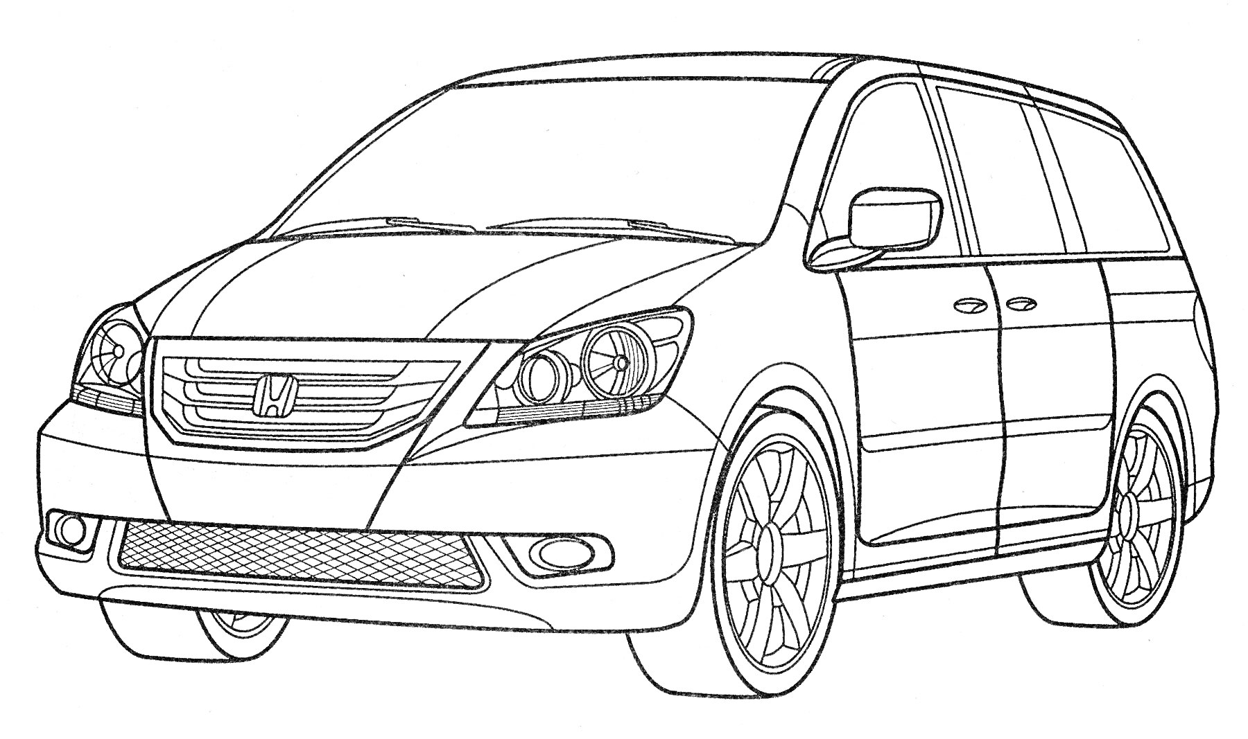 Раскраска Honda минивэн с видимыми передними фарами, решеткой радиатора, боковыми зеркалами и колесами