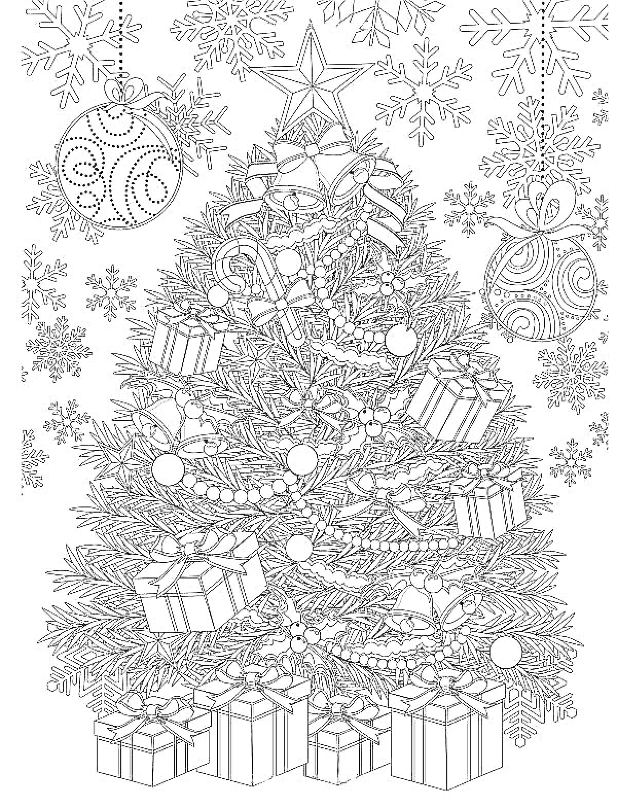 На раскраске изображено: Антистресс, Новый год, Подарки, Снежинки, Зима, Звезды, Елки, Елочный шар, Праздники