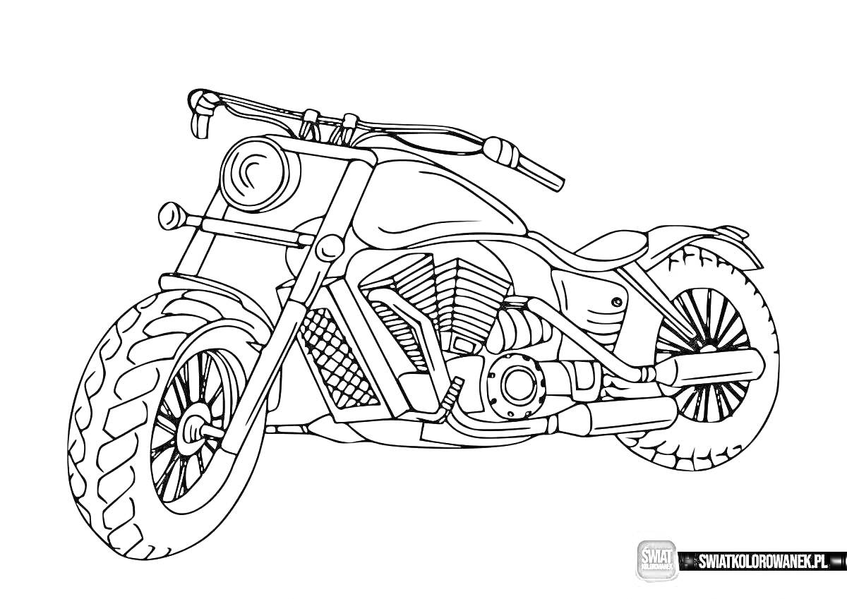 Раскраска Мотоцикл с мощными шинами и передней фарой