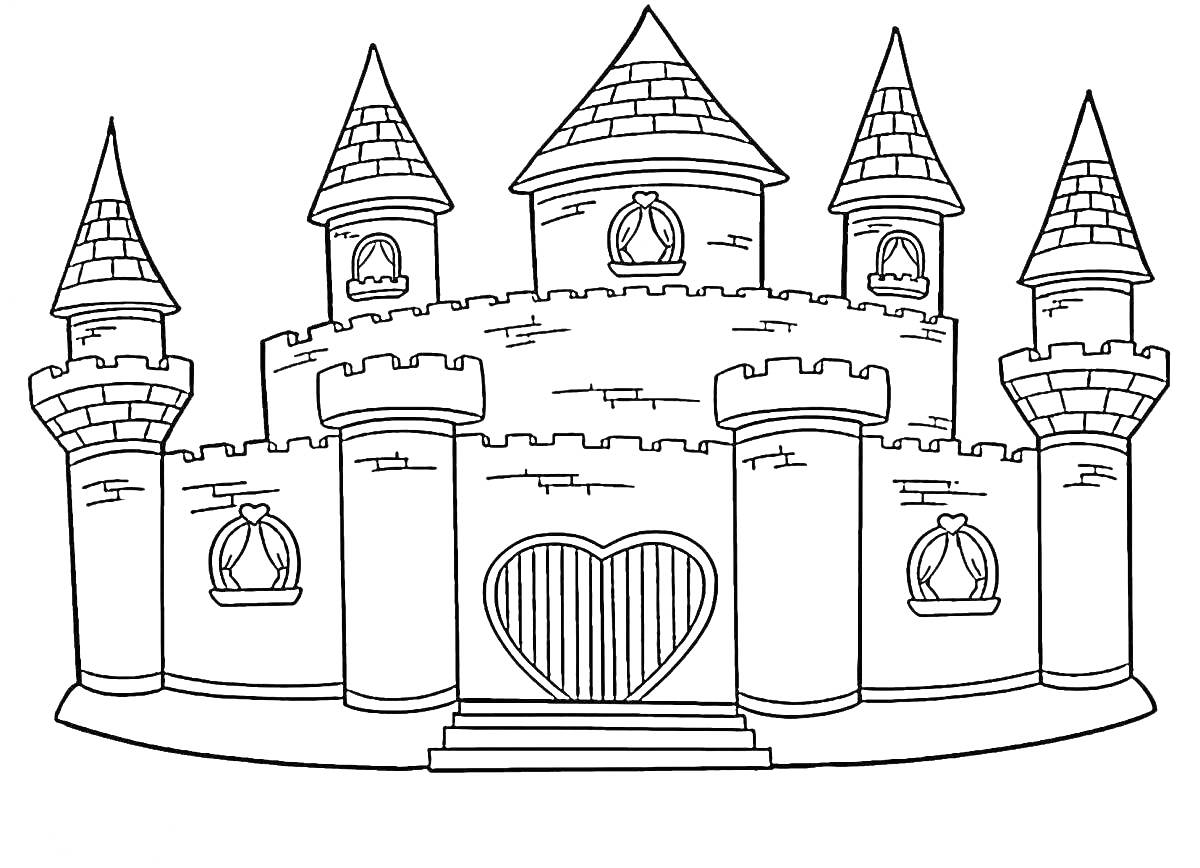 На раскраске изображено: Замок, Башни, Дверь, Окна, Кирпичи, Лестница, Сердца