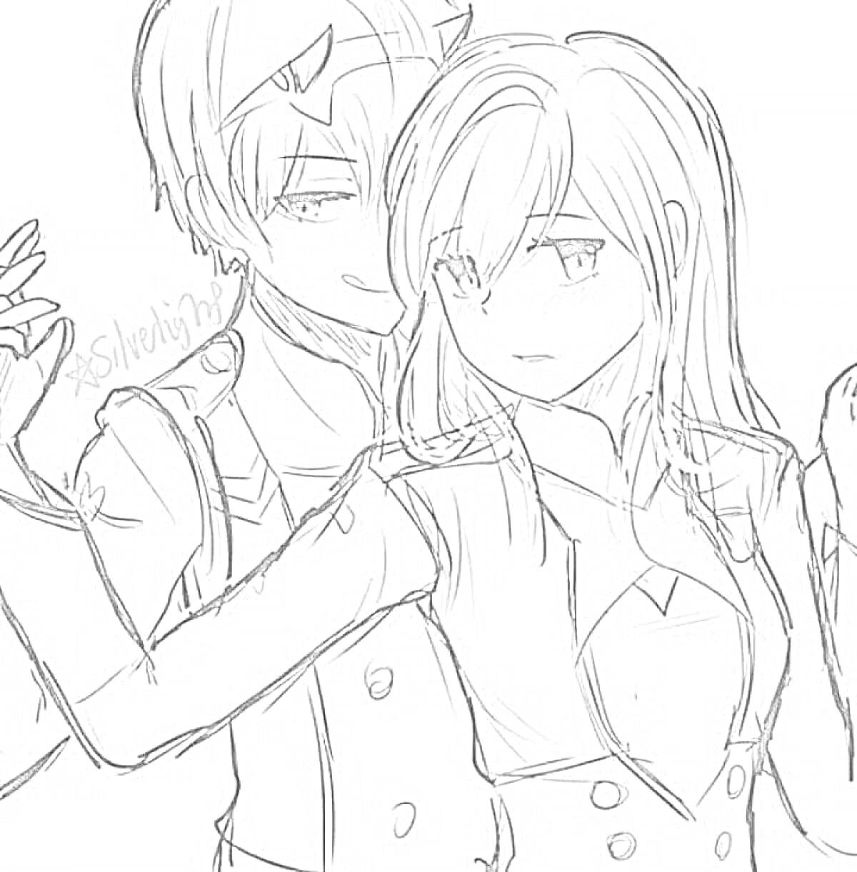 Раскраска Два персонажа в военной форме, мужчина в маске с рогами за спиной у девушки с длинными волосами