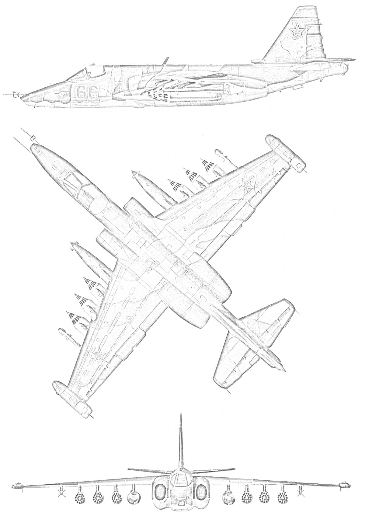 Раскраска Раскраска самолета Су-25 с видами сбоку, сверху и спереди