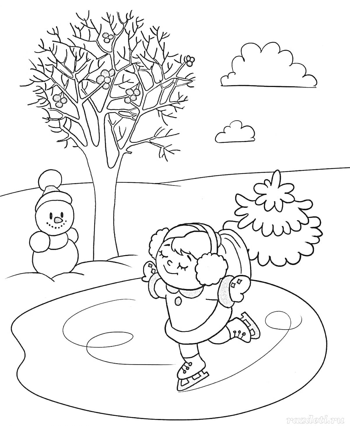 Раскраска Девочка на коньках, снеговик, зимнее дерево, елка, облака