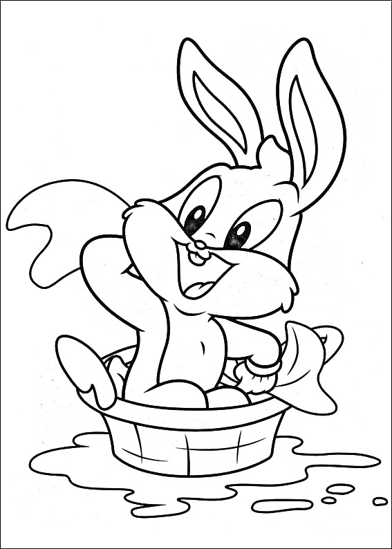 Раскраска Кролик в корзине с рыбкой и водой на полу