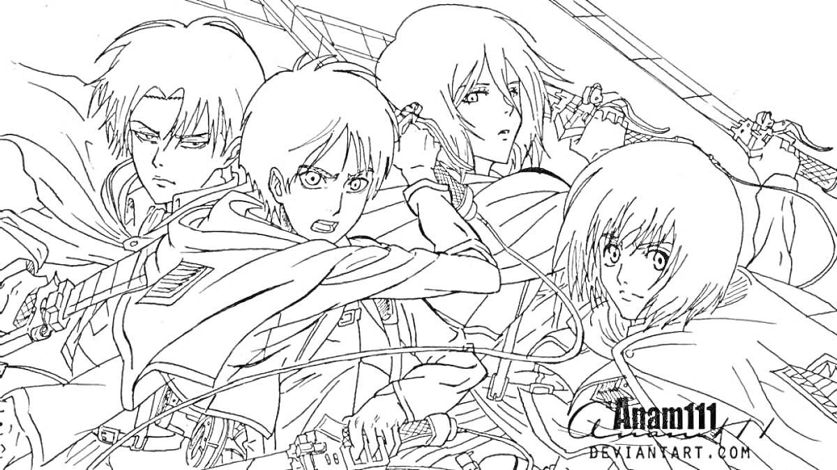 Раскраска Группа персонажей из аниме с мечами и плащами