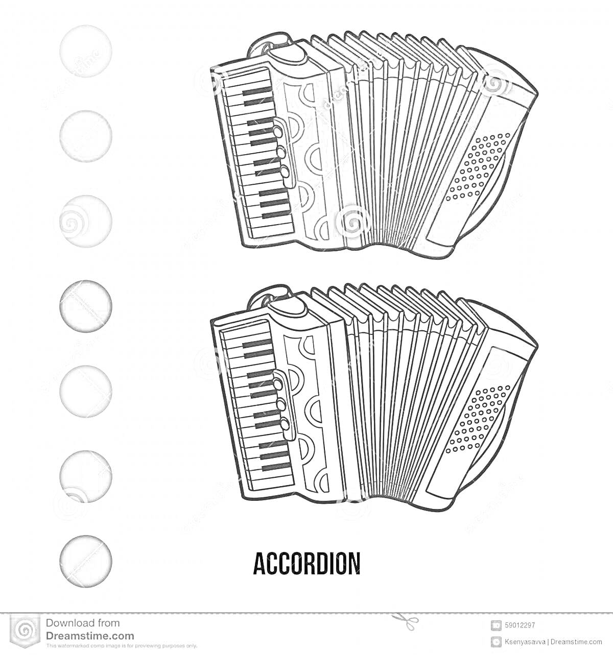 На раскраске изображено: Баян, Клавиши, Меха, Аккордеон, Музыкальные инструменты