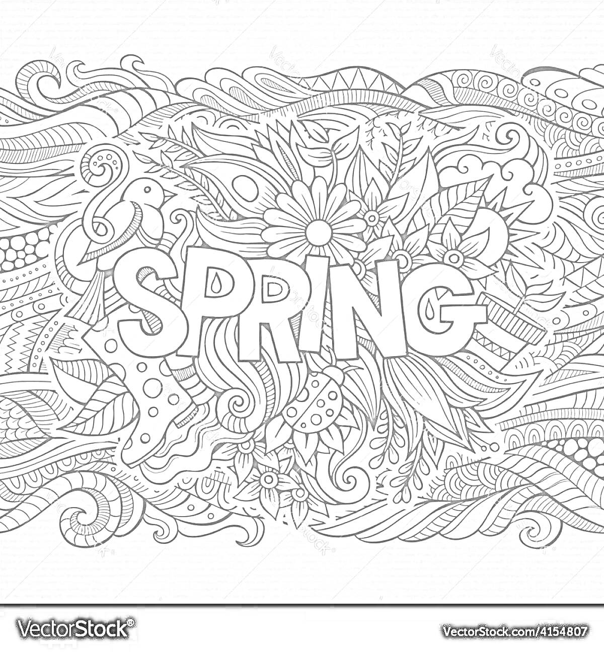 Раскраска Spring - цветы, листья, абстрактные узоры, надпись SPRING