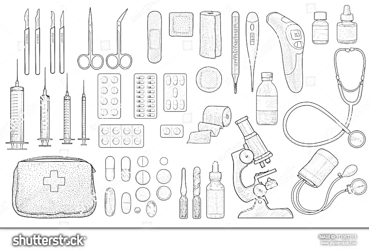 Раскраска Набор доктора: скальпели, ножницы, шприцы, пластыри, таблетки, ингалятор, градусник, бутылочки с лекарствами, перевязочный материал, стетоскоп, сумка первой помощи, ампулы, микроскоп, фонендоскоп