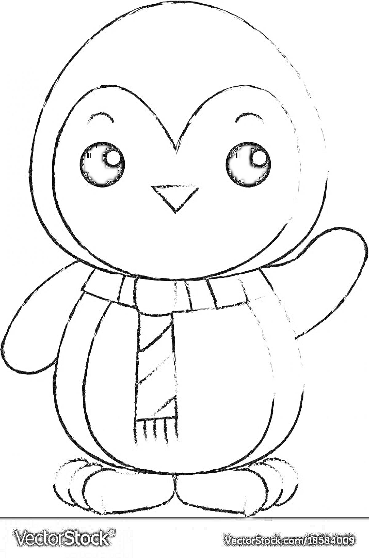 Раскраска Милый пингвин в шарфе, машущий крылом