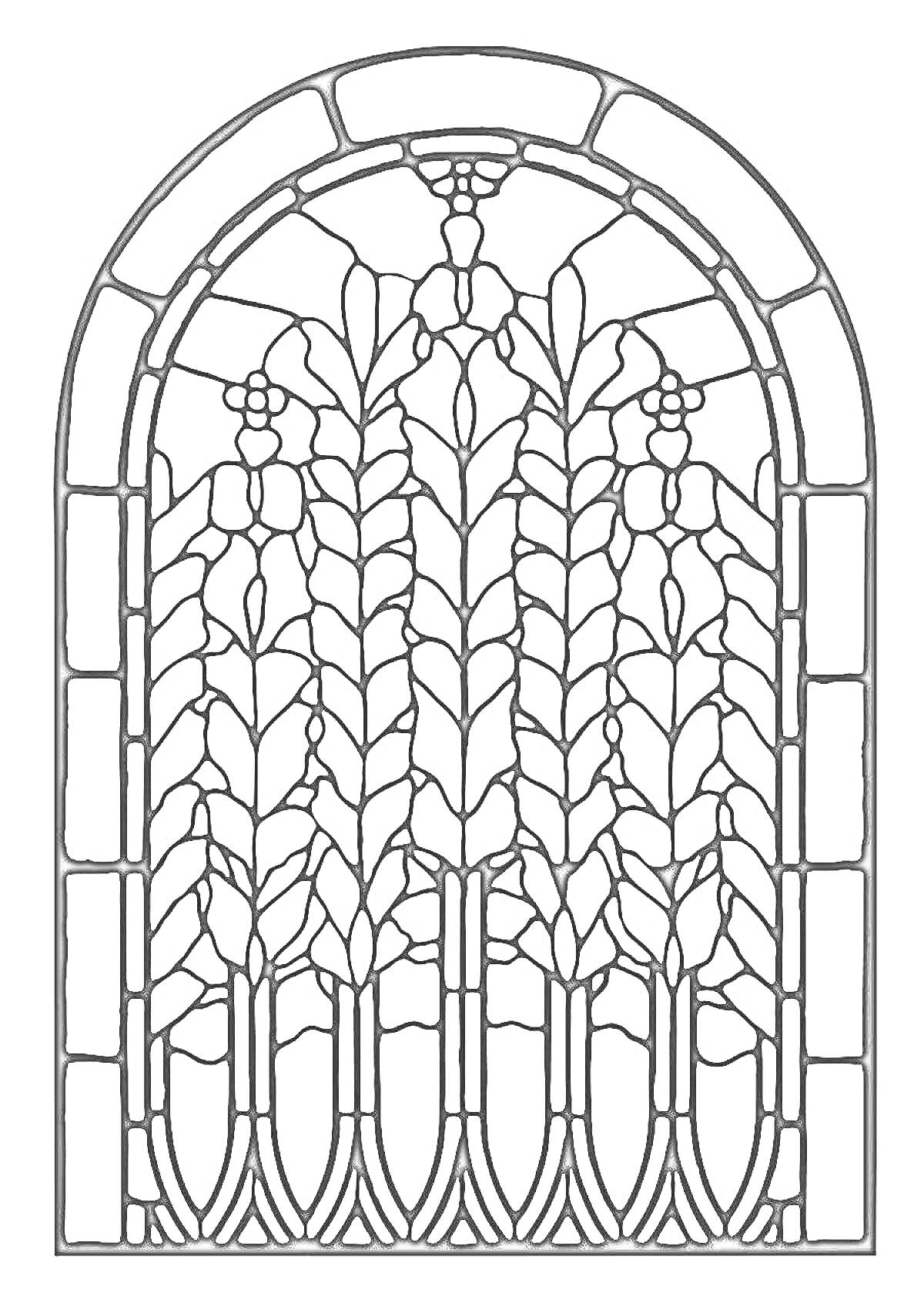На раскраске изображено: Витраж, Листья, Цветы, Арка, Орнамент, Декоративное искусство