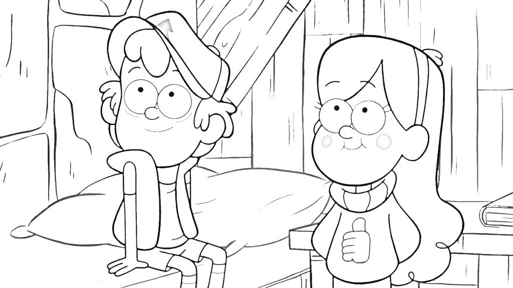 Раскраска Диппер и Мэйбл сидят на кровати в деревянном доме