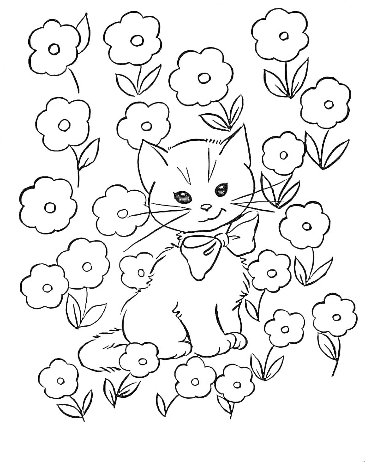 Раскраска Котенок с цветами на фоне
