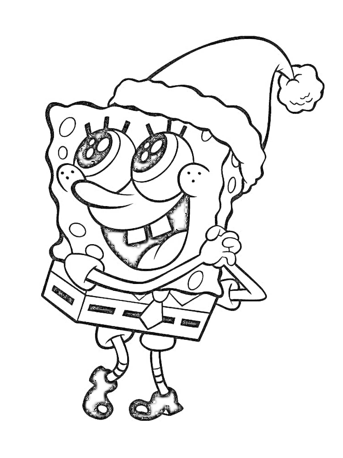 Раскраска Губка Боб в рождественской шапке и с подарком