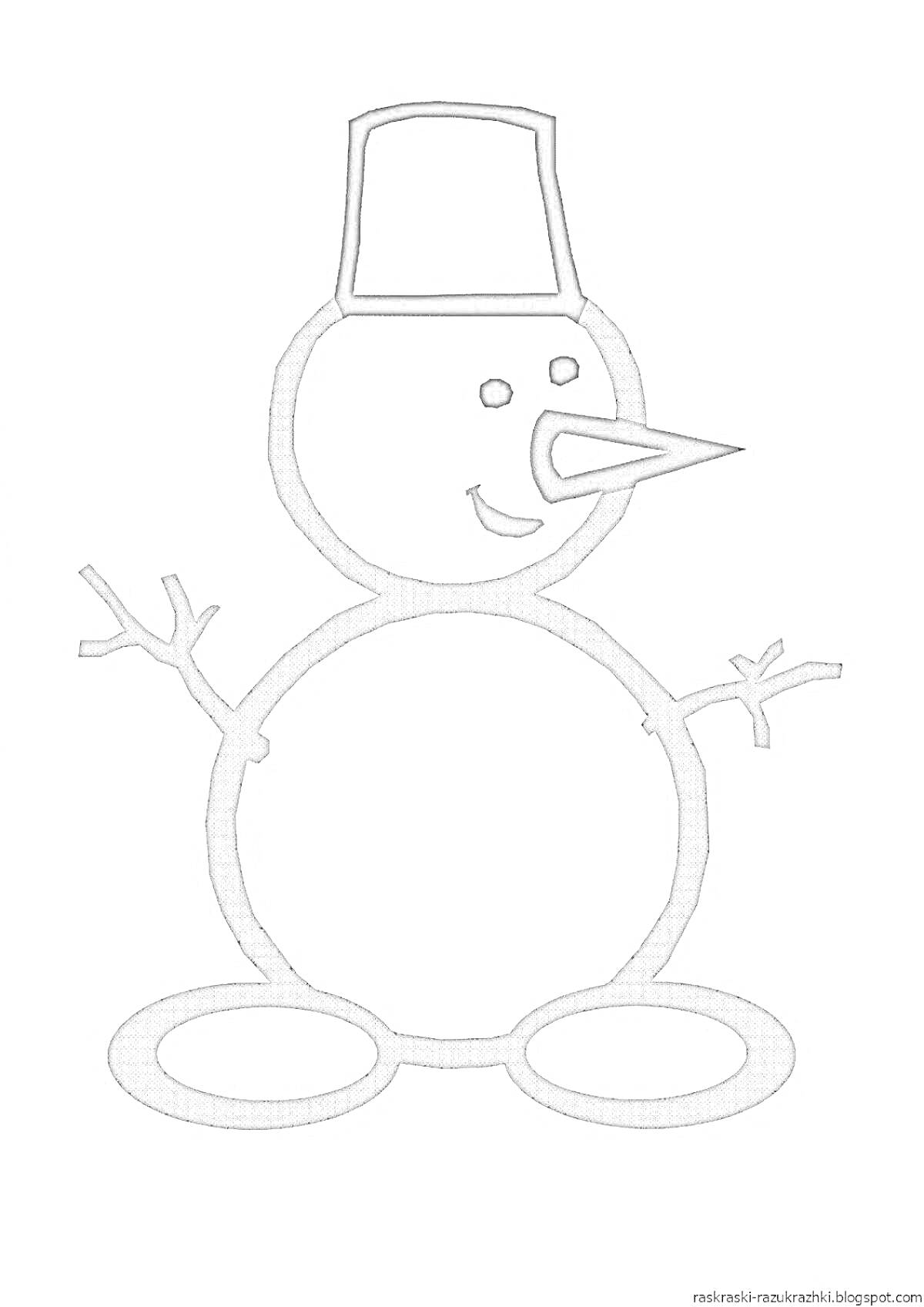Раскраска Снеговик с ведром на голове, морковкой носом и палками вместо рук