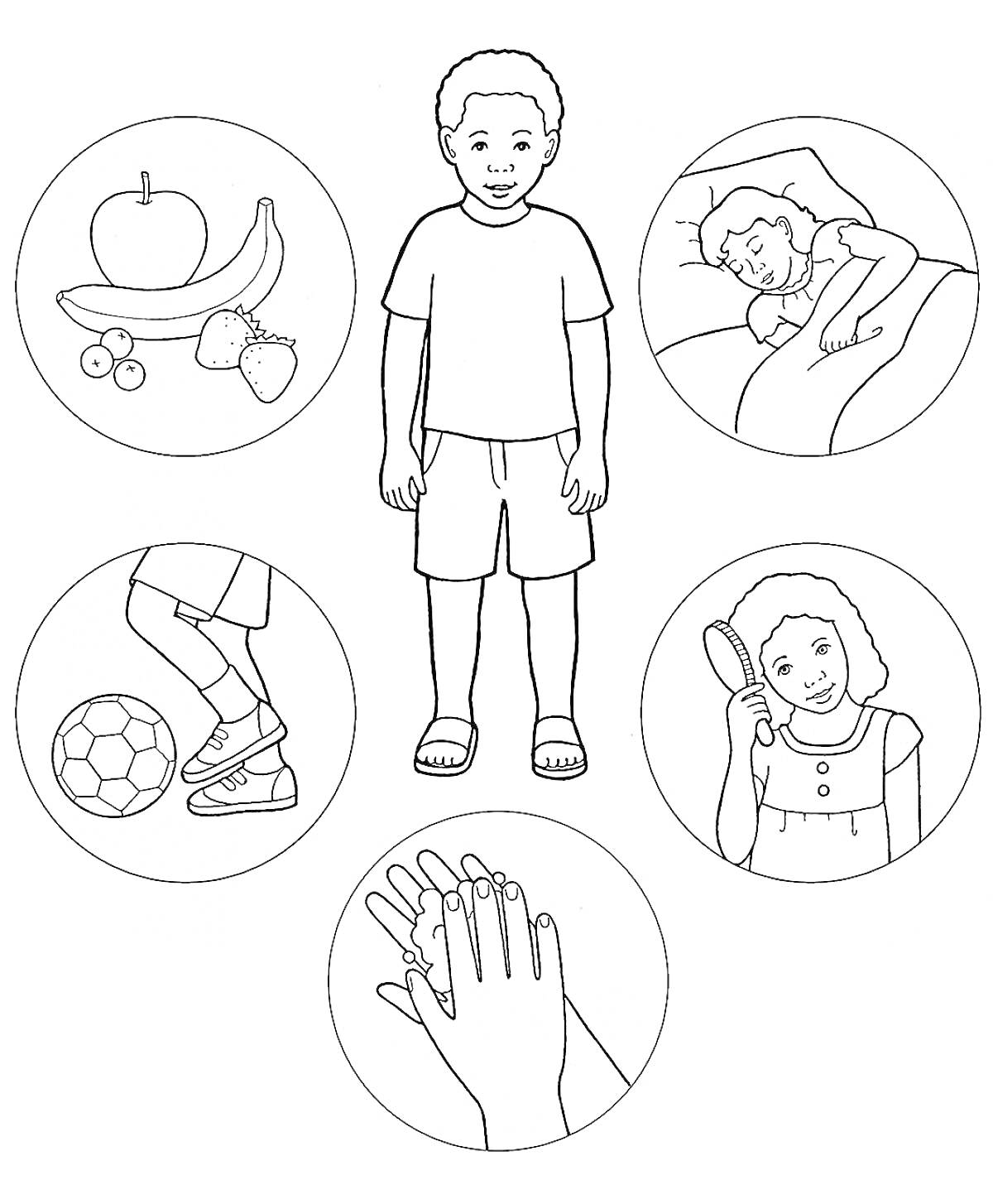 Раскраска Ребенок и элементы здорового образа жизни - фрукты, сон, физические упражнения, гигиена рук, гигиена девочек.