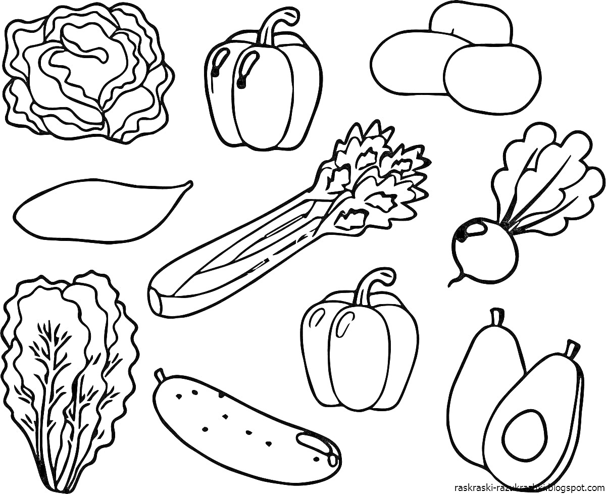 На раскраске изображено: Витамины, Овощи, Фрукты, Капуста, Болгарский перец, Картофель, Сельдерей, Редис, Огурец, Папайя, Авокадо