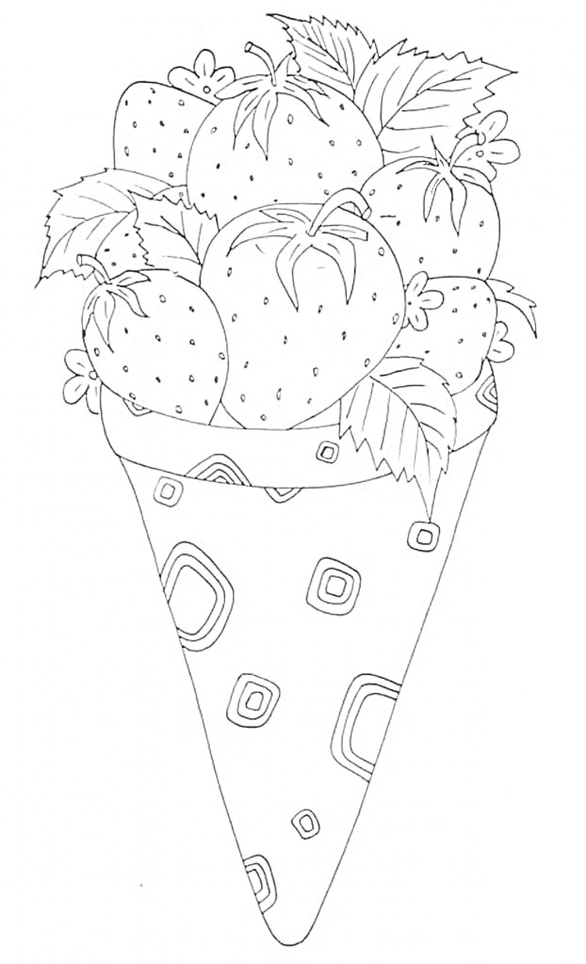 На раскраске изображено: Мороженое, Клубника, Ягоды, Листья, Для девочек, Сладости