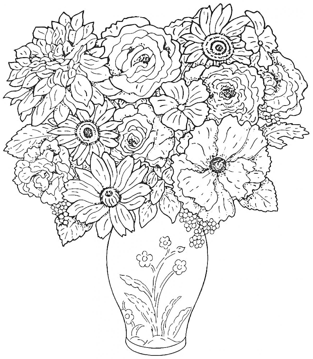 На раскраске изображено: Цветы, Ваза, Листья, Контурное изображение, Букет цветов