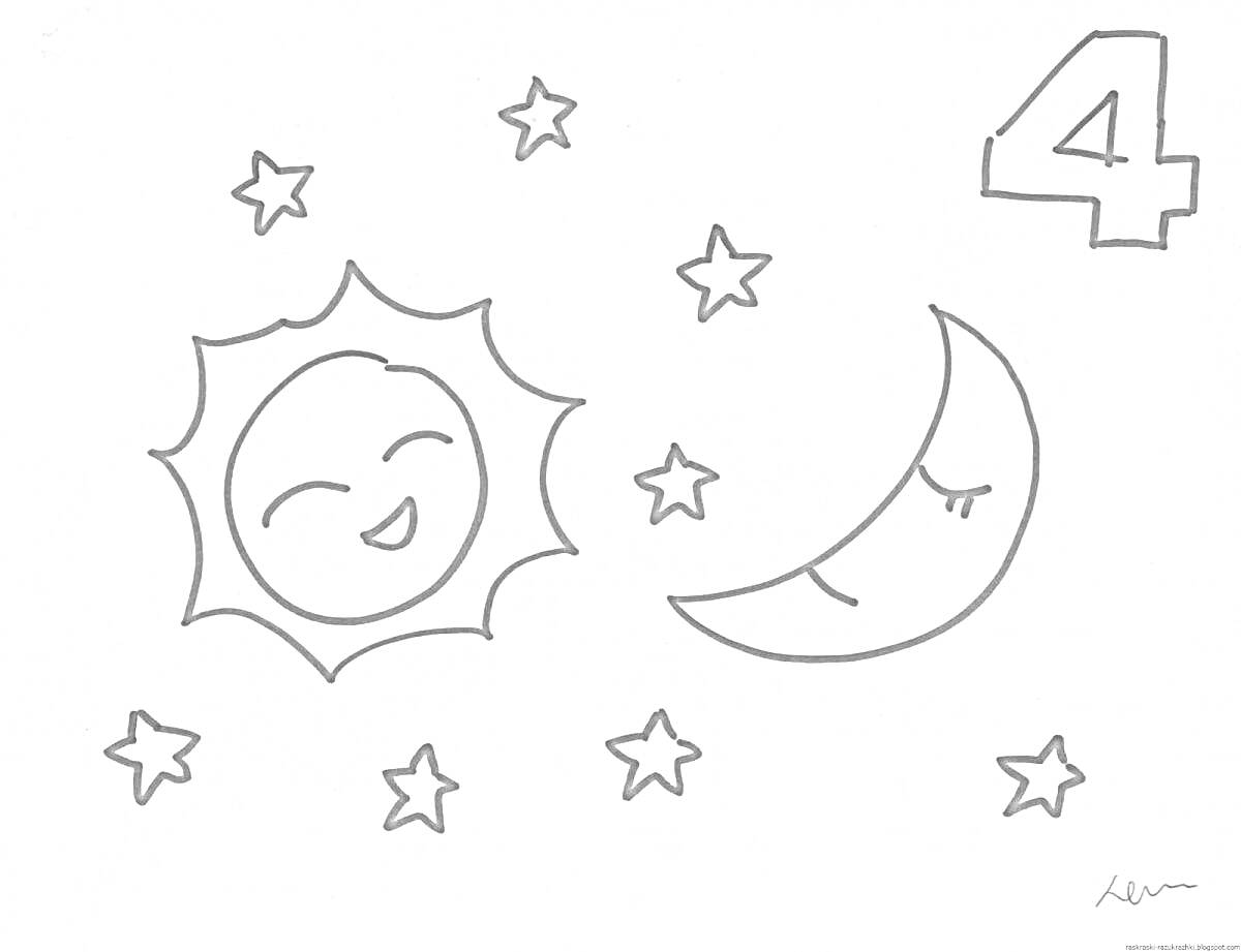 На раскраске изображено: Солнце, Звезды, Полумесяц, Число 4, Ночь, День