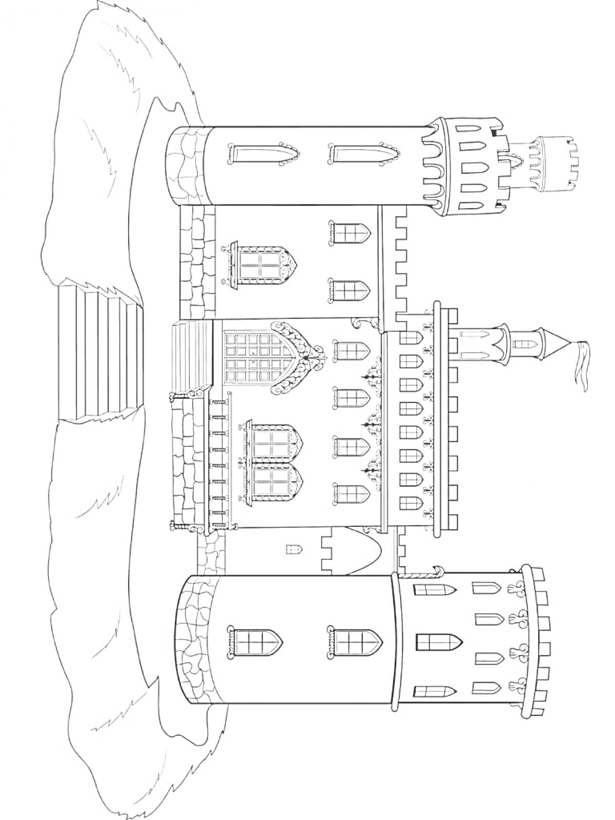 На раскраске изображено: Замок, Крепость, Башни, Ворота, Лестница, Здания, Архитектура, Флаг, Средневековье
