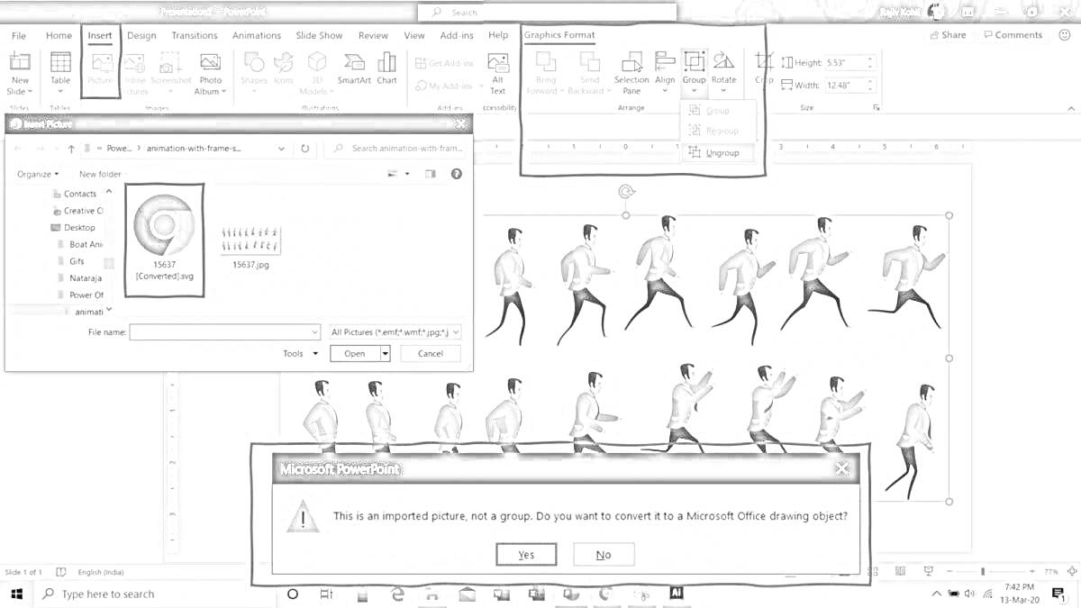 На раскраске изображено: PowerPoint, Сохранение, Панель инструментов, Анимация, Бег, Человек, Предупреждение