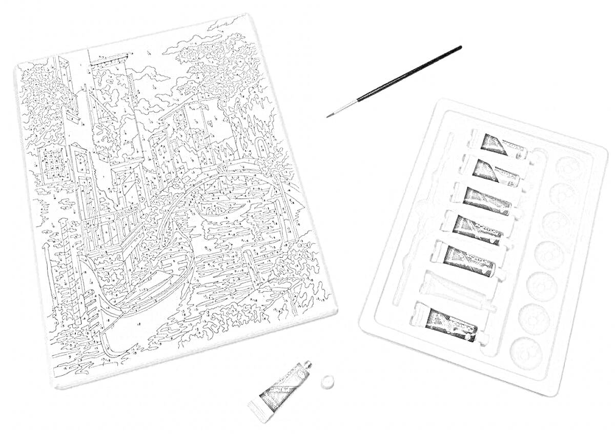 Раскраска Раскраска на холсте с видом города, кисточка, палитра с красками, тюбик краски
