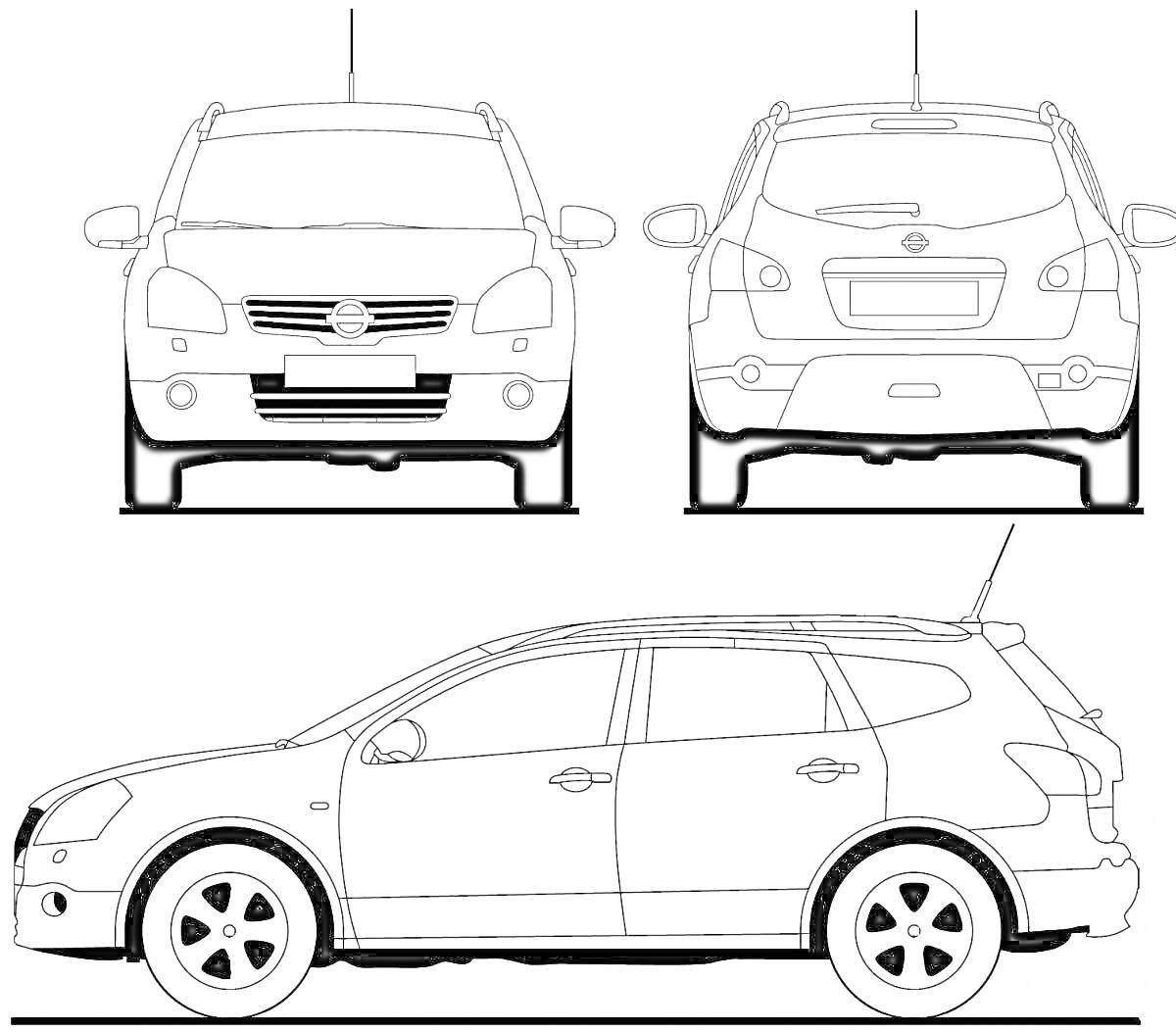 Раскраска Nissan X-Trail. Вид спереди, сзади и сбоку