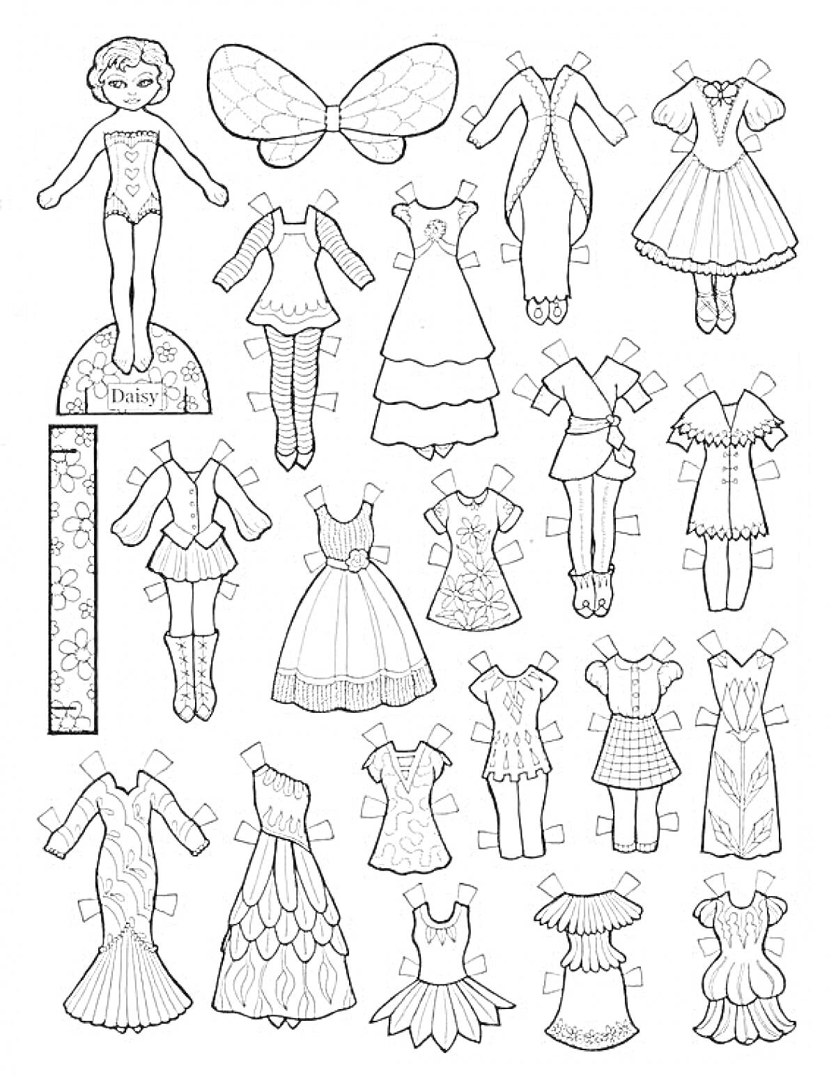 Раскраска Бумажная кукла с комплектом одежды, аксессуаров и крыльями