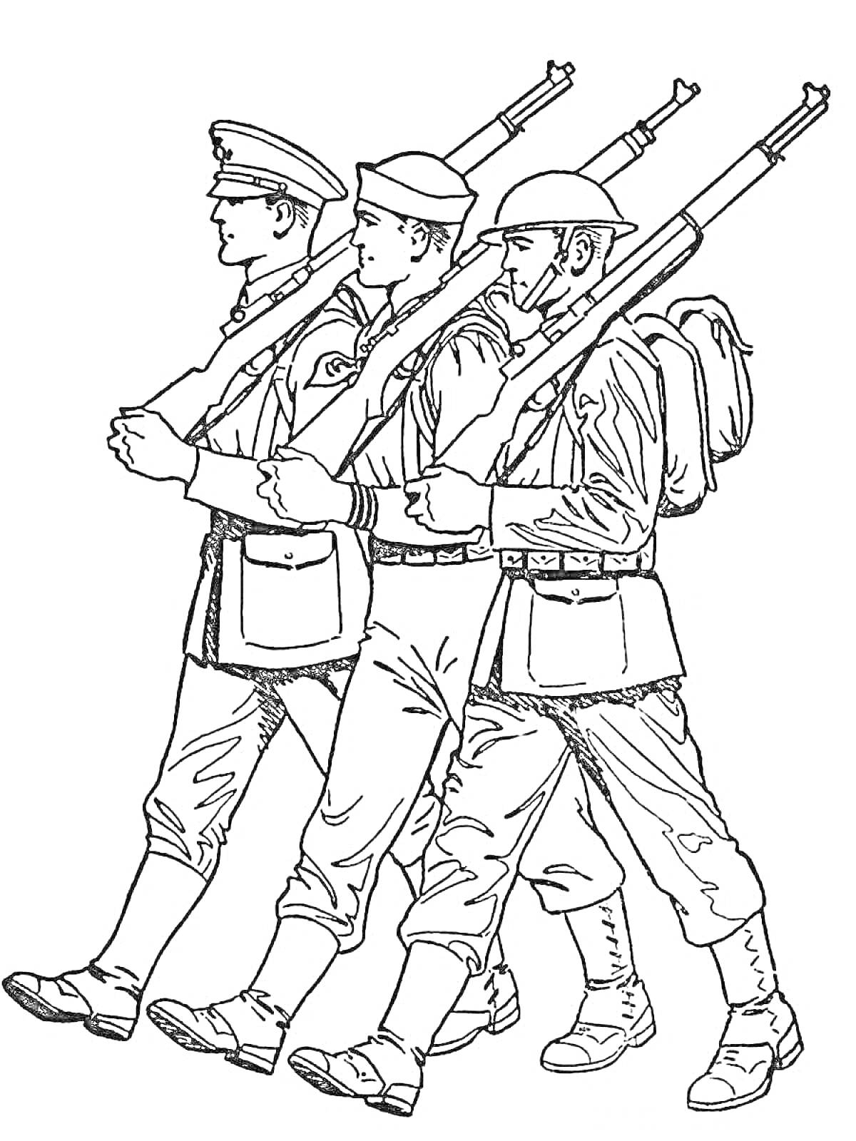 На раскраске изображено: Военные, Марш, Униформа, Школьный ранец