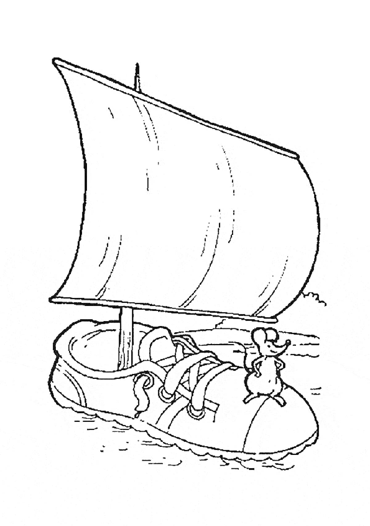 Раскраска Мышонок Пик плывёт на лодке из ботинка с парусом
