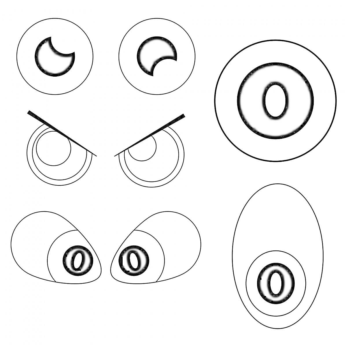 Раскраска набор из шести пар мультяшных глаз (две круглые пары сверху, одна пара снизу с линиями как брови, одна пара наклоненных глаз внизу слева, одно овальное глаз справа)