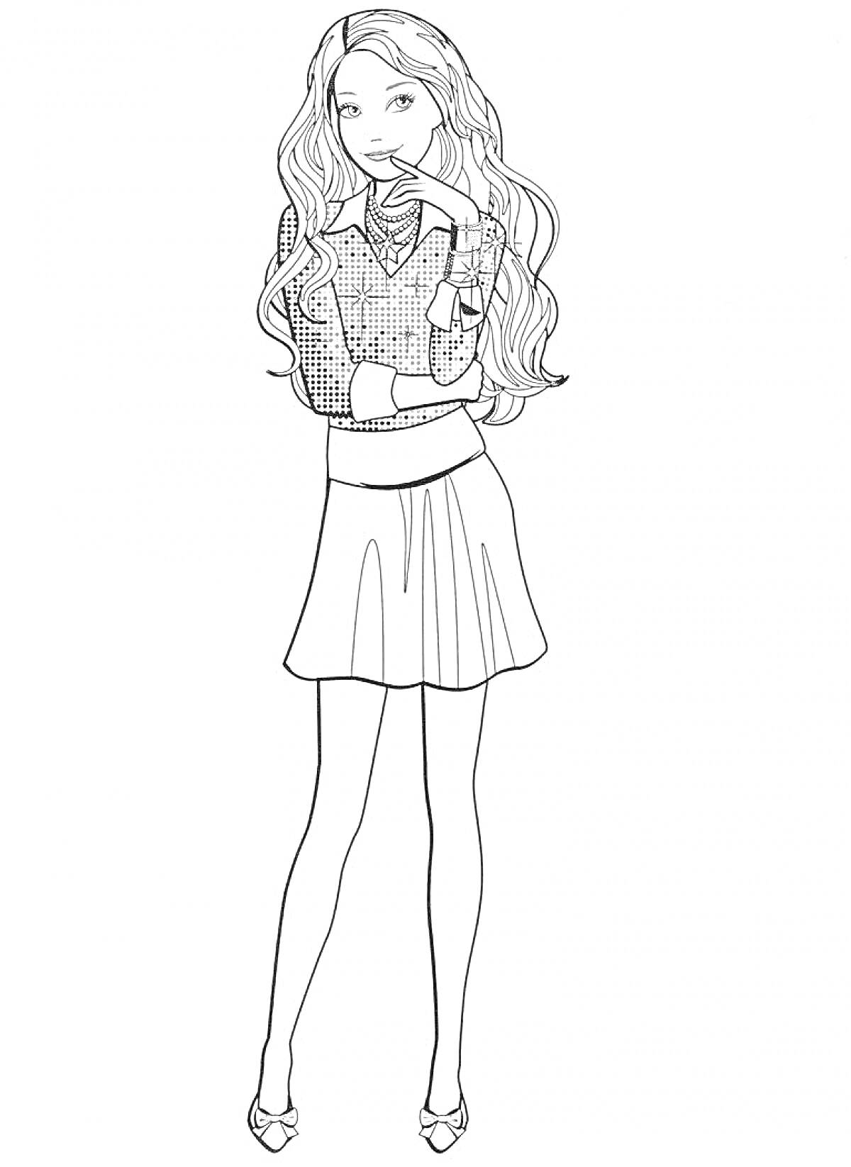 Раскраска Девушка в клетчатом свитере и юбке, с длинными распущенными волосами, в туфлях на каблуке