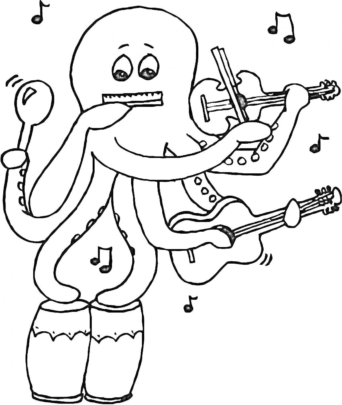 Раскраска Осминог, играющий на музыкальных инструментах (губная гармоника, скрипка, ложки, гитара) с нотами